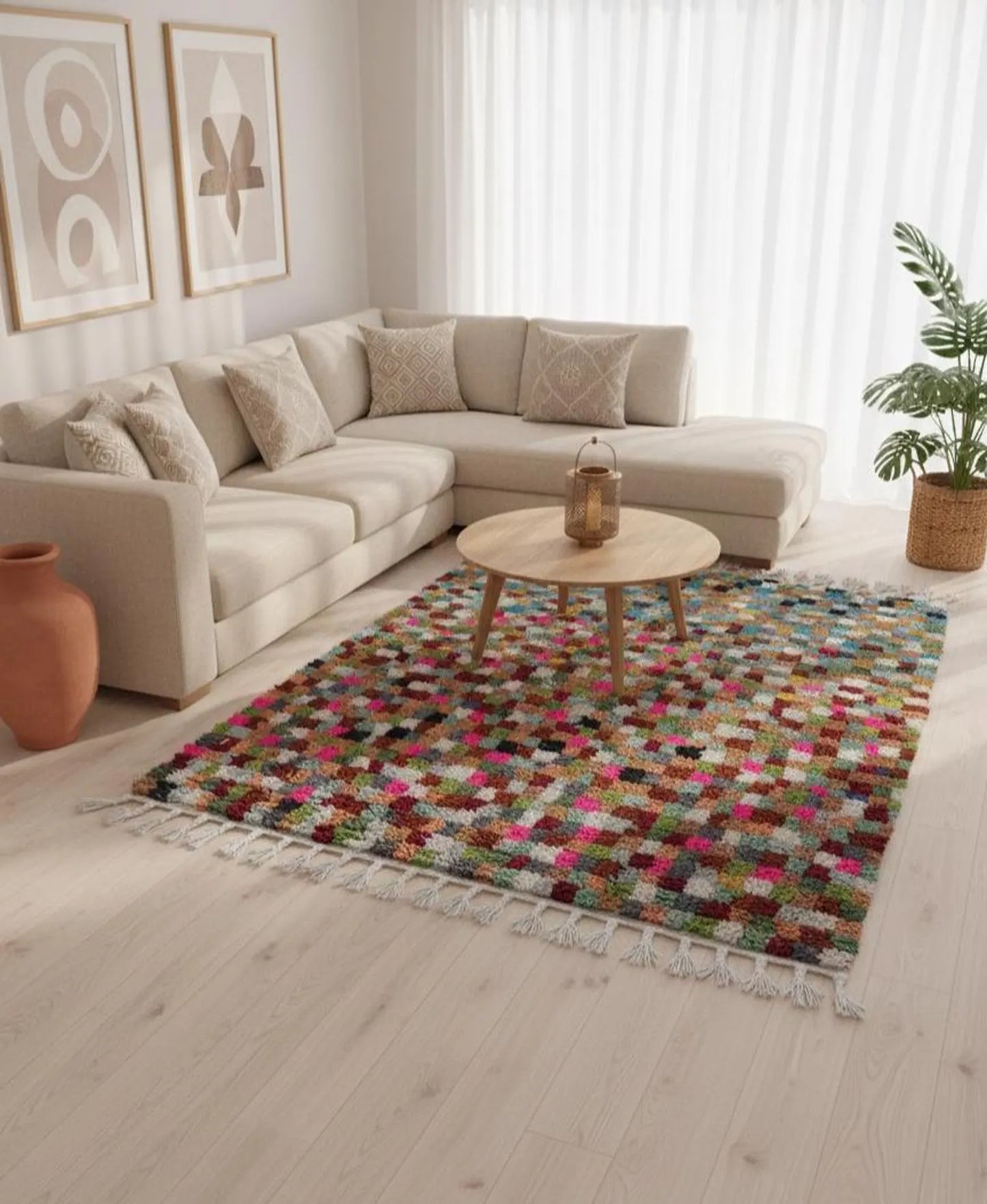 Tapis Marocain Multicolore à Damier – Carrés Colorés – Pièce Artistique (1.1m × 1,5m)