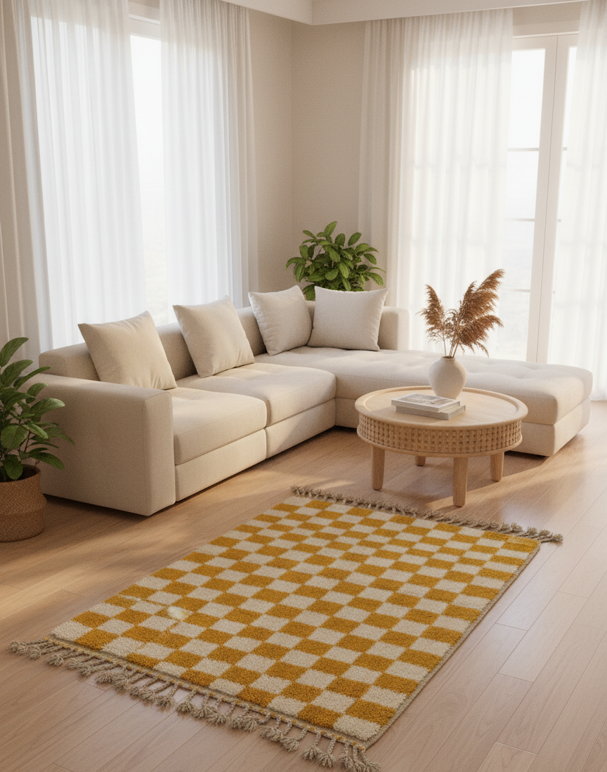 Zellige Fès – Tapis damier jaune & blanc - (1m x 1.5m)