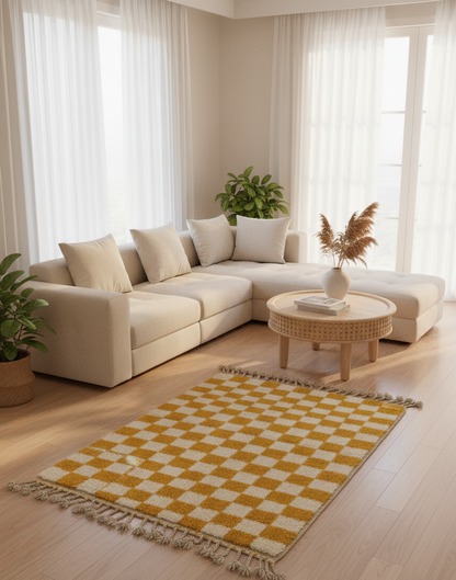 Zellige Fès – Tapis damier jaune & blanc - (1m x 1.5m)