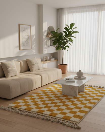 Zellige Fès – Tapis damier jaune & blanc - (1m x 1.5m)