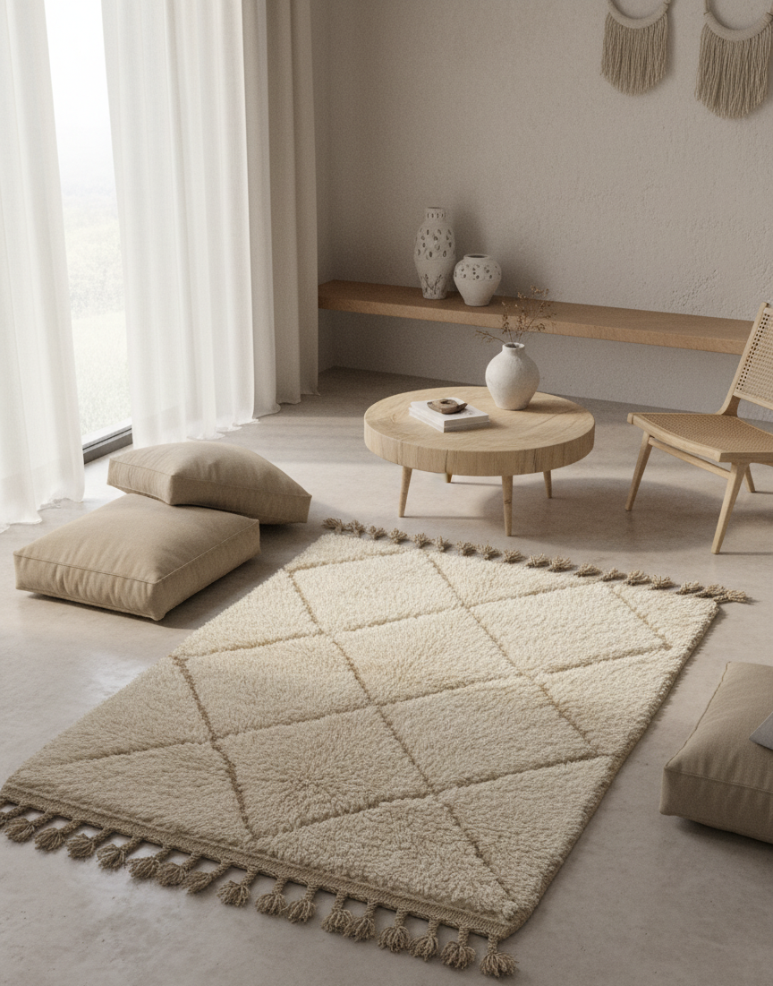 Tapis Mrirt “Amanar” blanc à motifs losanges imbriqués (1m x 1.5 m)