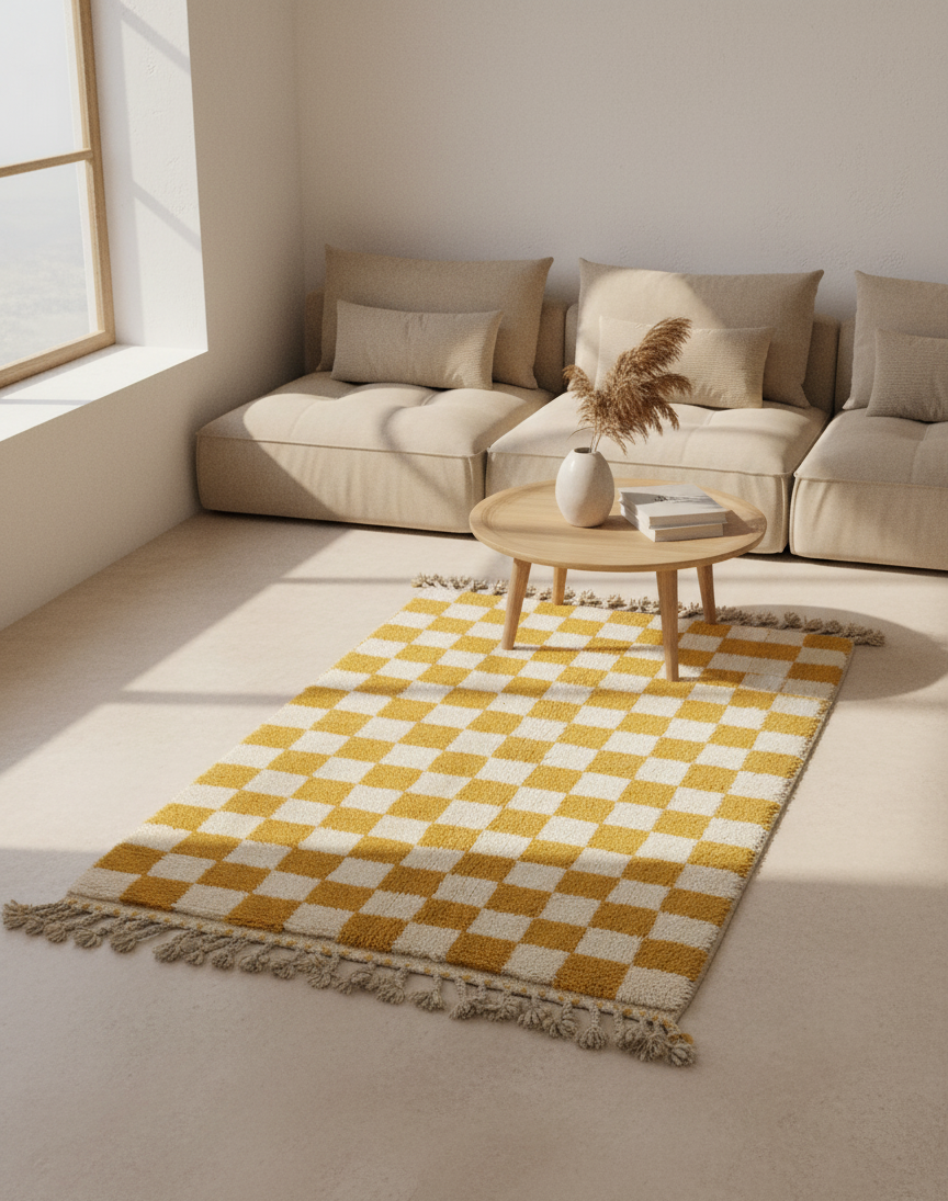 Zellige Fès – Tapis damier jaune & blanc - (1m x 1.5m)