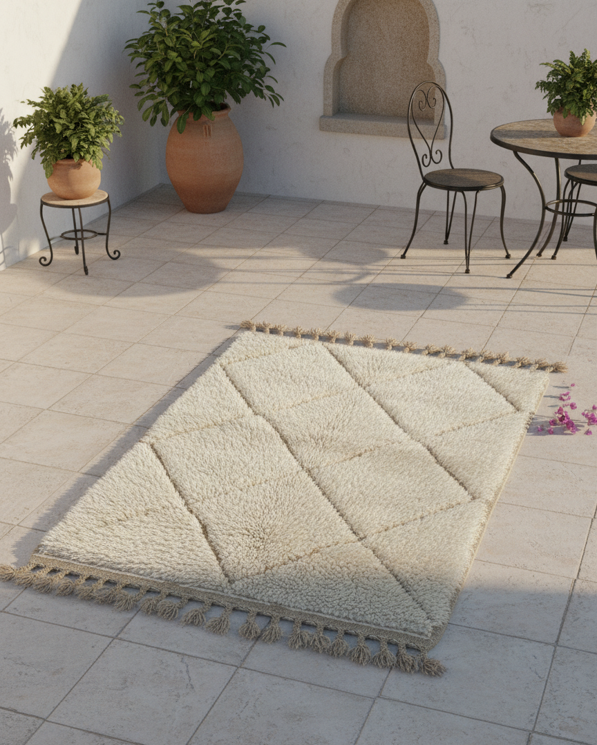Tapis Mrirt “Amanar” blanc à motifs losanges imbriqués (1m x 1.5 m)