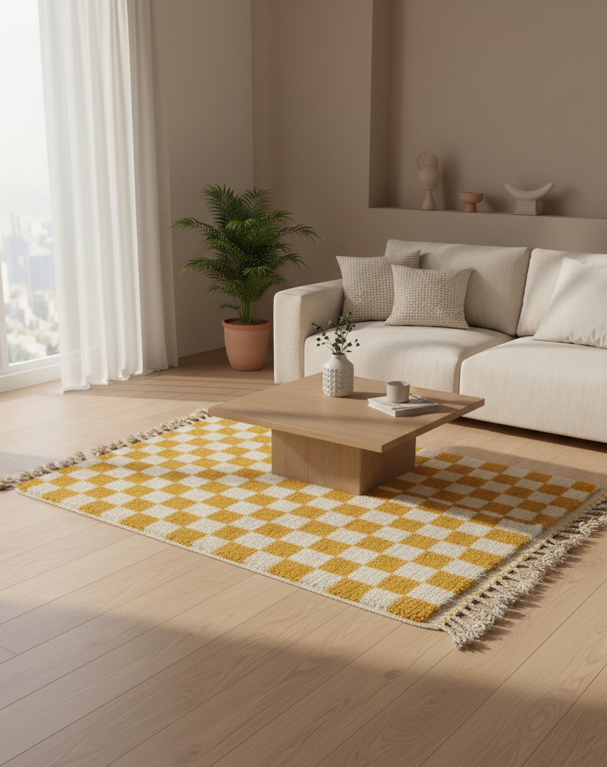 Zellige Fès – Tapis damier jaune & blanc - (1m x 1.5m)