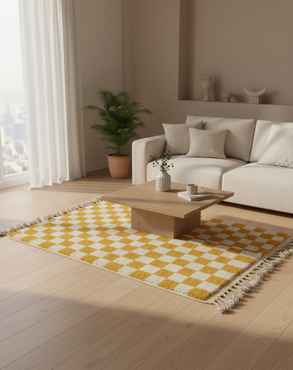 Zellige Fès – Tapis damier jaune & blanc - (1m x 1.5m)