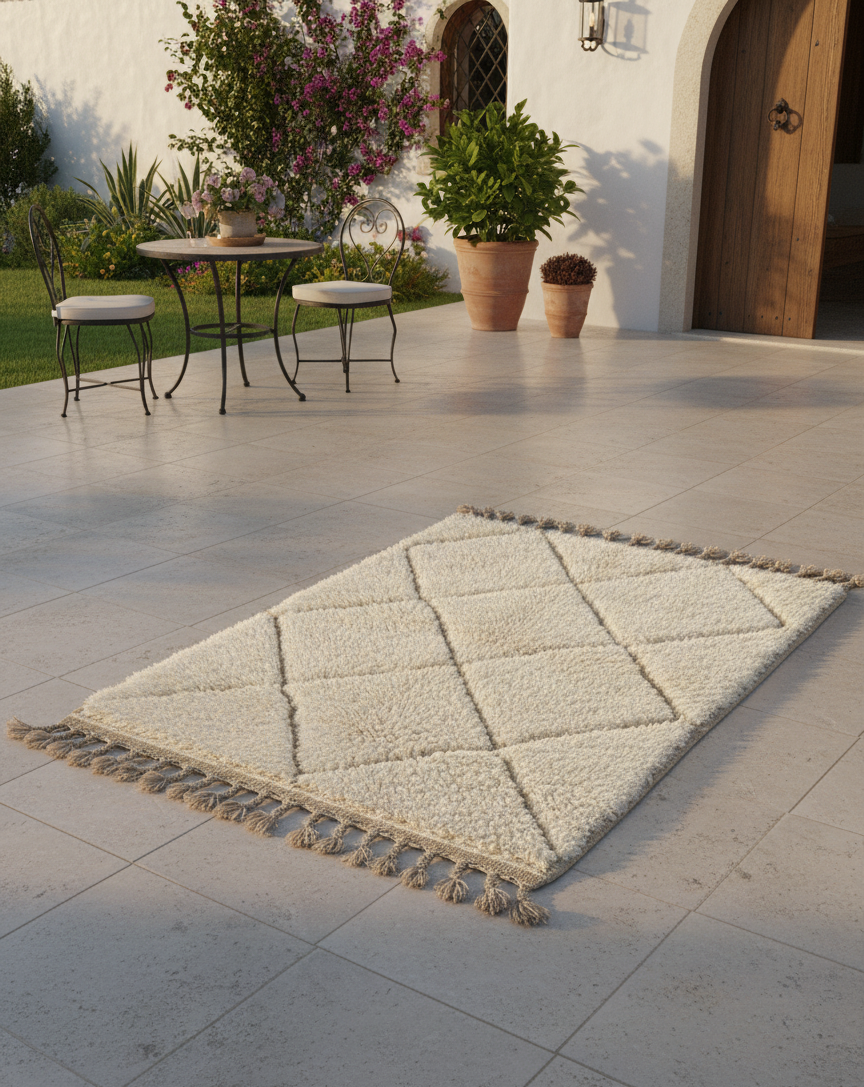 Tapis Mrirt “Amanar” blanc à motifs losanges imbriqués (1m x 1.5 m)