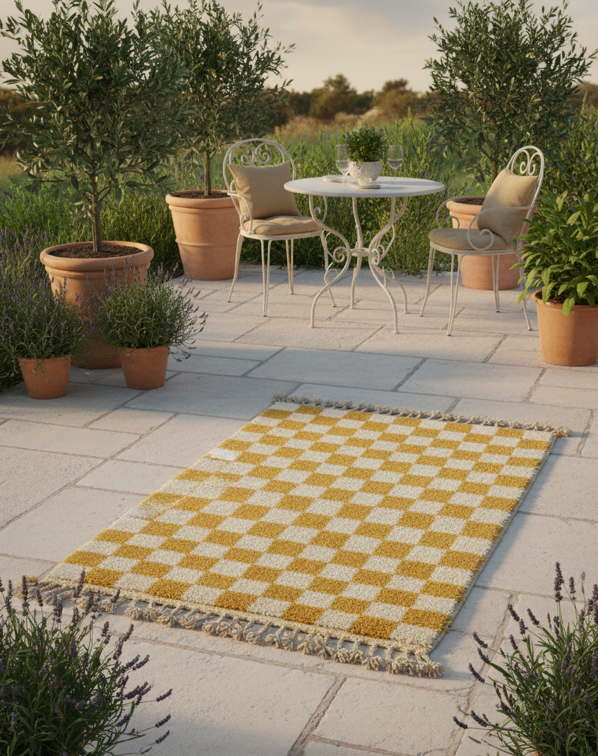 Zellige Fès – Tapis damier jaune & blanc - (1m x 1.5m)