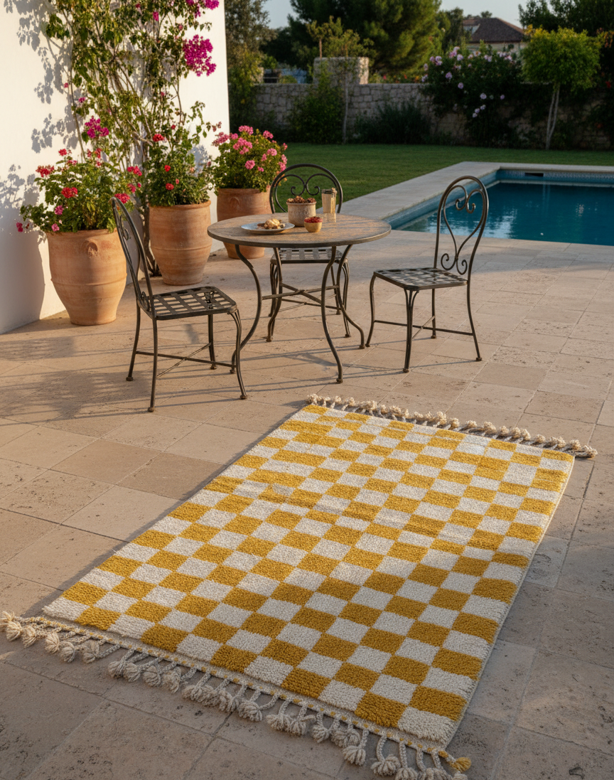 Zellige Fès – Tapis damier jaune & blanc - (1m x 1.5m)