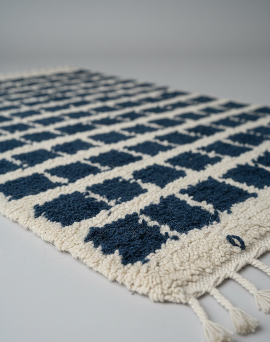 Azur Carré – Tapis Marocain Damier Blanc & Turquoise