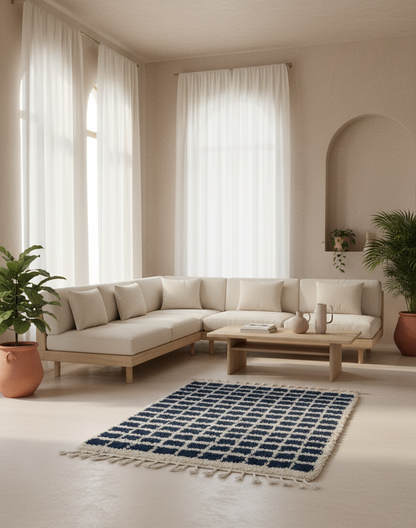 Azur Carré – Tapis Marocain Damier Blanc & Turquoise