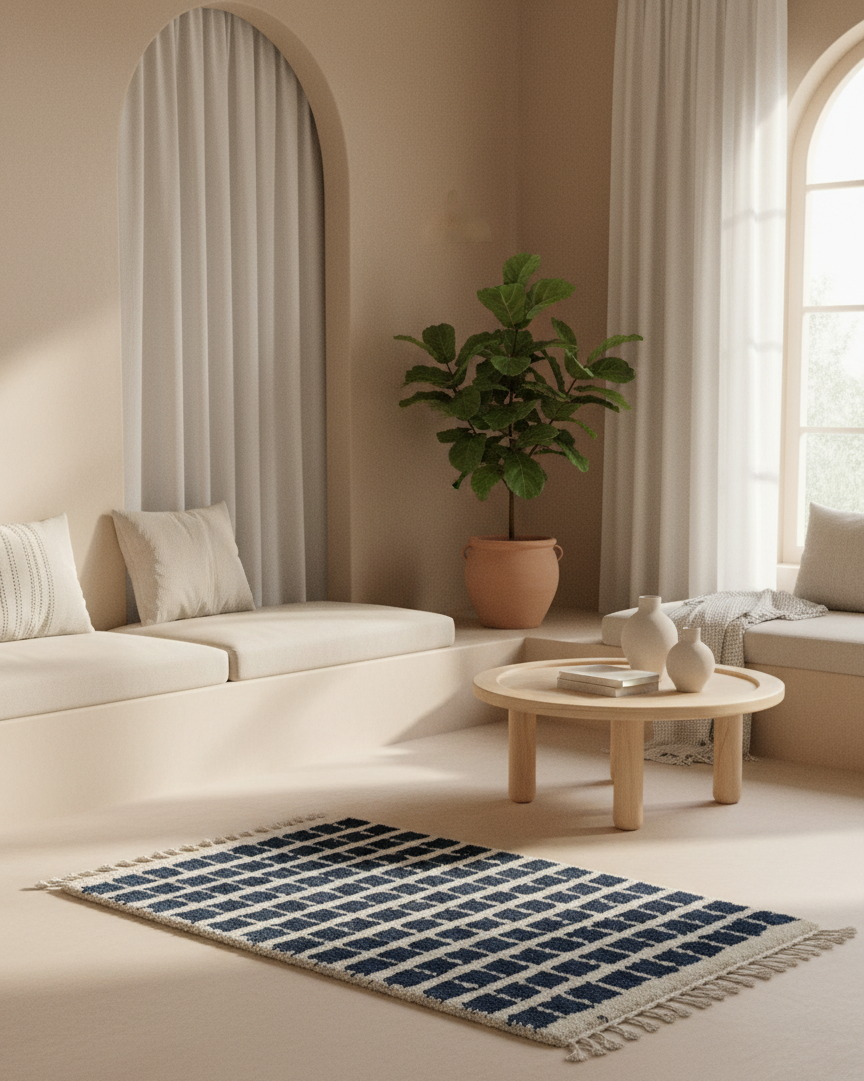 Azur Carré – Tapis Marocain Damier Blanc & Turquoise