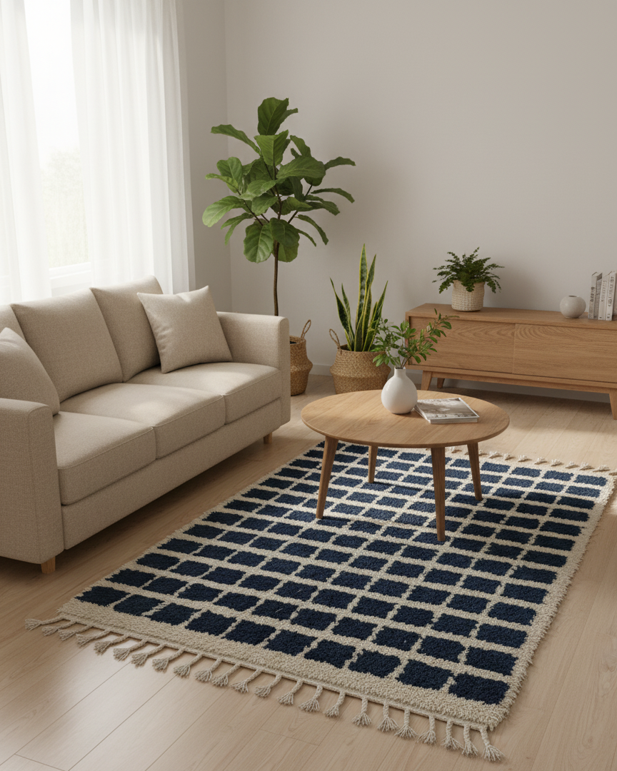 Azur Carré – Tapis Marocain Damier Blanc & Turquoise