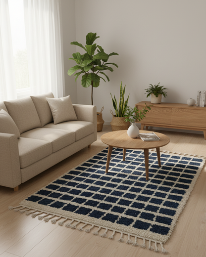 Azur Carré – Tapis Marocain Damier Blanc & Turquoise