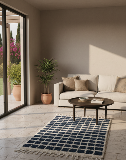 Azur Carré – Tapis Marocain Damier Blanc & Turquoise