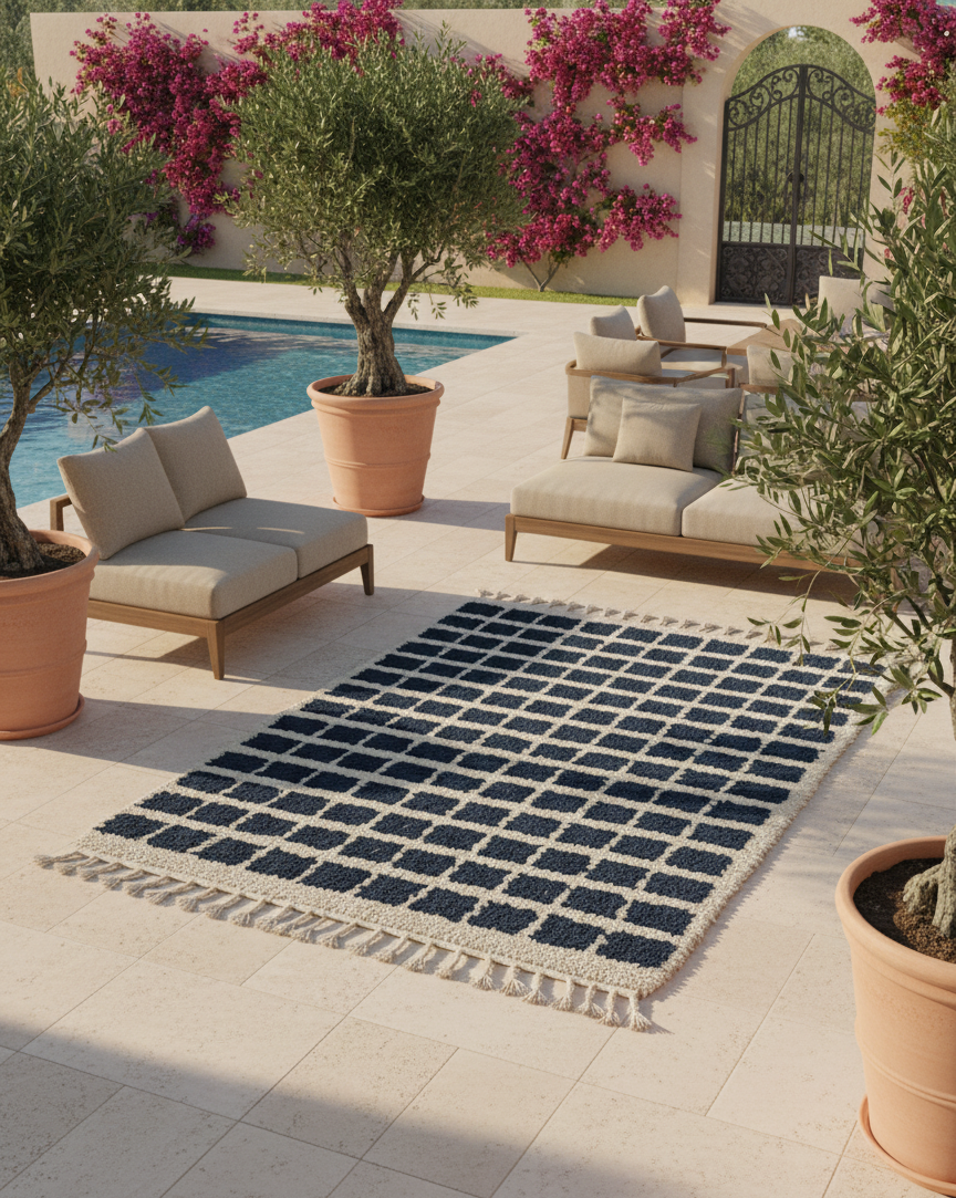 Azur Carré – Tapis Marocain Damier Blanc & Turquoise