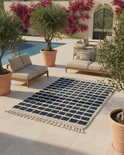 Azur Carré – Tapis Marocain Damier Blanc & Turquoise