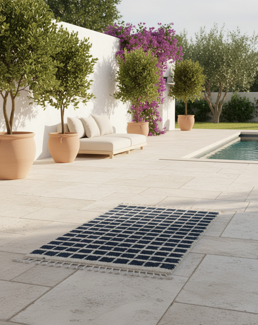 Azur Carré – Tapis Marocain Damier Blanc & Turquoise