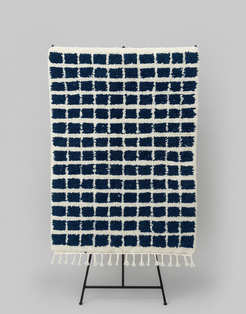 Azur Carré – Tapis Marocain Damier Blanc & Turquoise