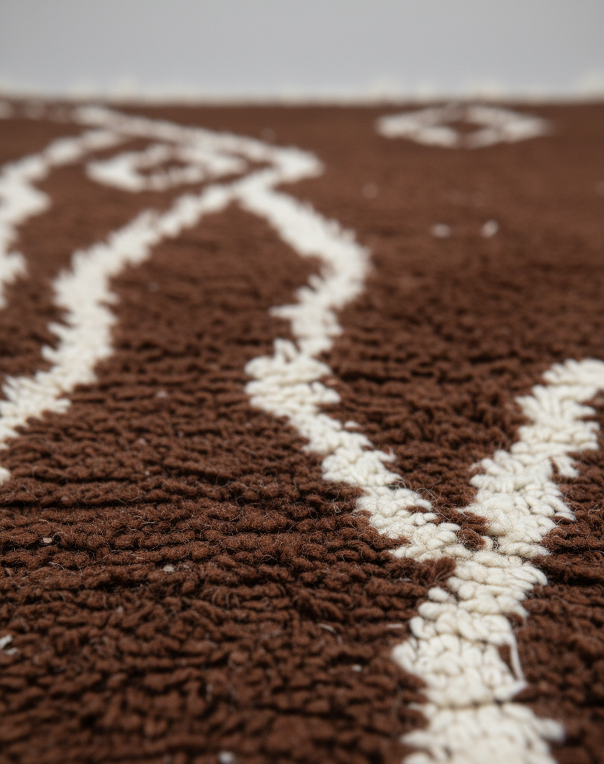 Tamr & Haleeb – Tapis Marocain Artisanal Marron & Blanc (1m x 1.5m)