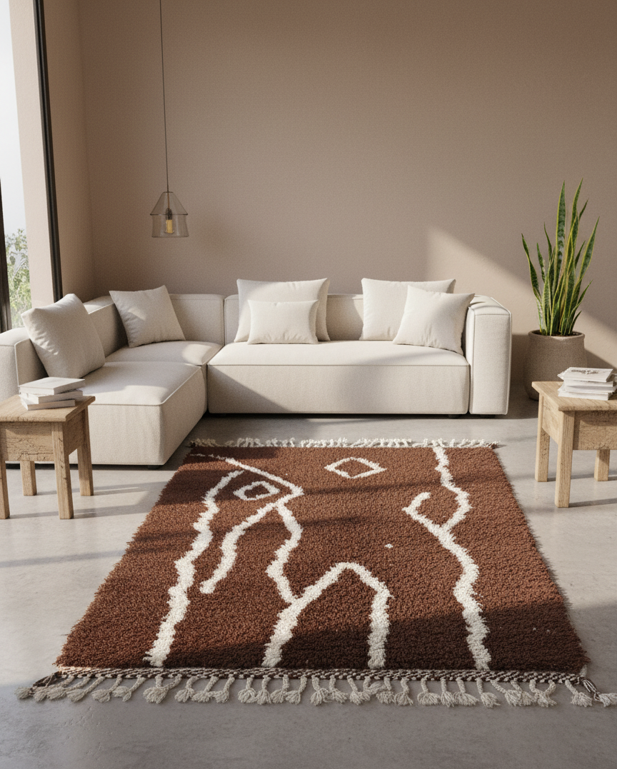 Tamr & Haleeb – Tapis Marocain Artisanal Marron & Blanc (1m x 1.5m)