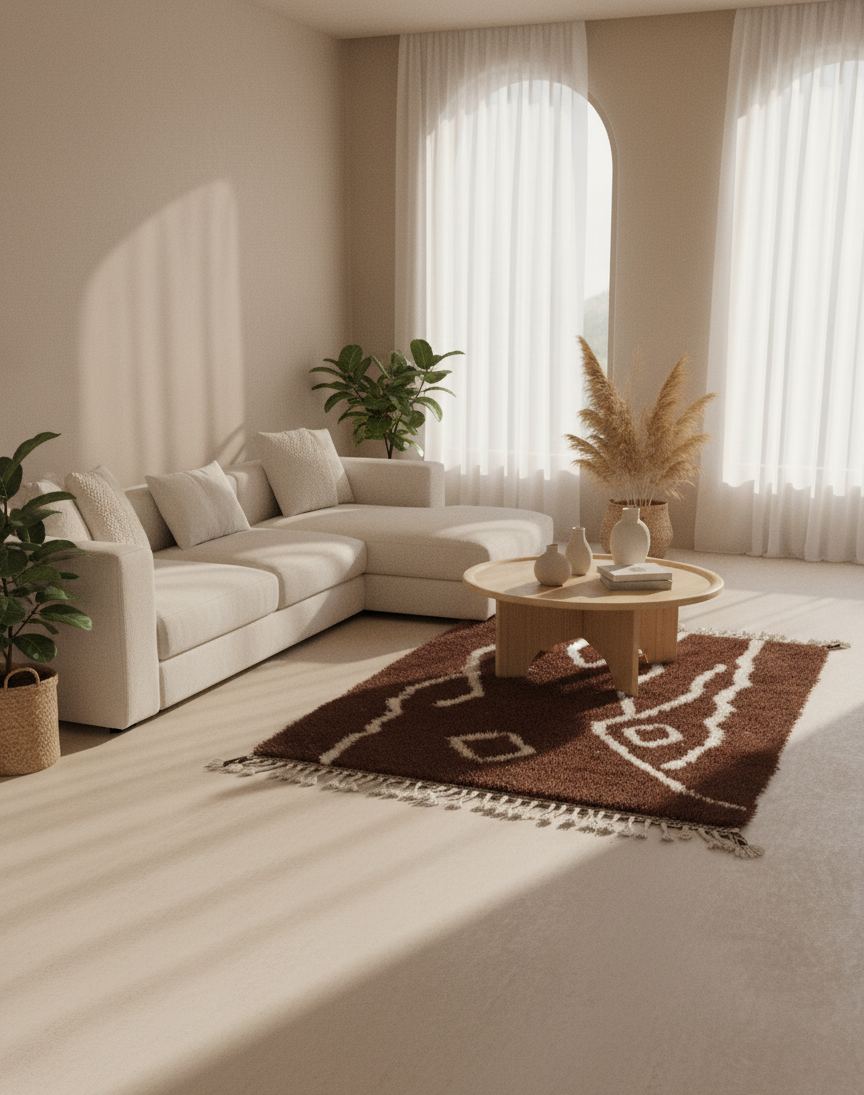 Tamr & Haleeb – Tapis Marocain Artisanal Marron & Blanc (1m x 1.5m)