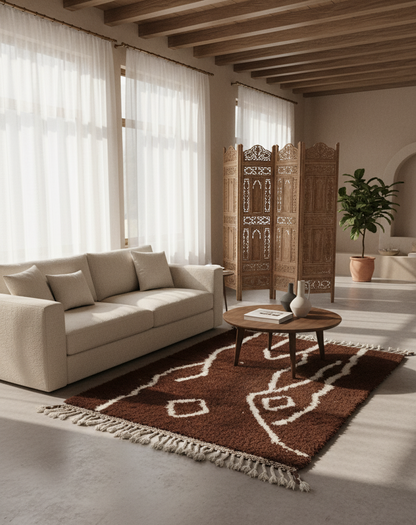 Tamr & Haleeb – Tapis Marocain Artisanal Marron & Blanc (1m x 1.5m)