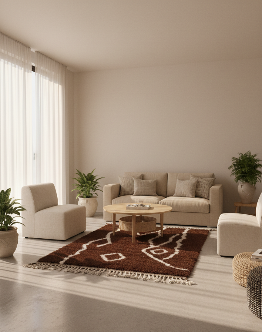 Tamr & Haleeb – Tapis Marocain Artisanal Marron & Blanc (1m x 1.5m)