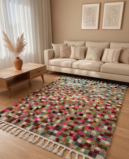Tapis Marocain Multicolore à Damier – Carrés Colorés – Pièce Artistique (1.1m × 1,5m)