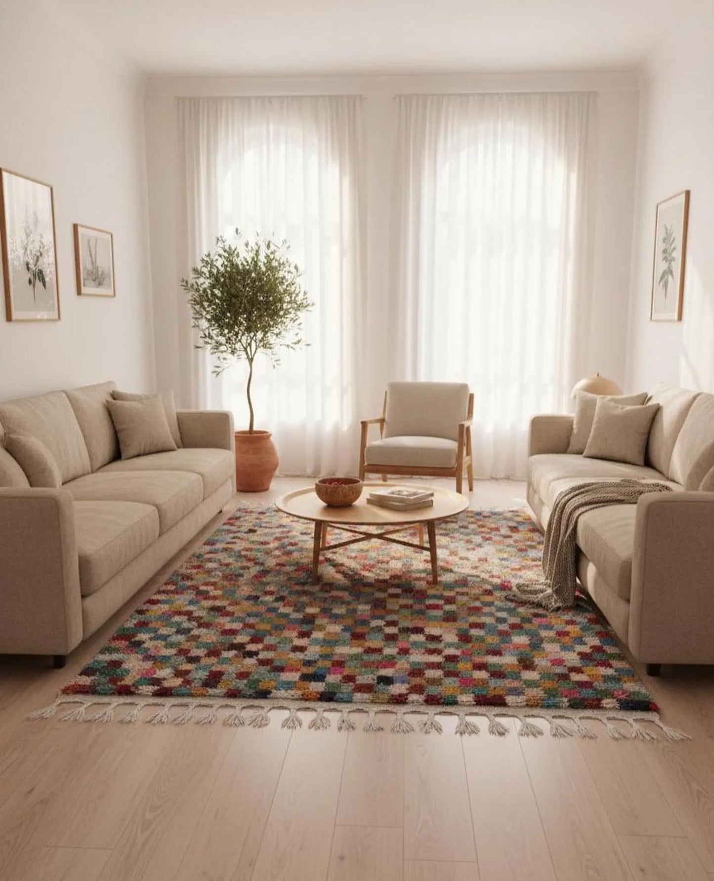 Tapis Marocain Multicolore à Damier – Carrés Colorés – Pièce Artistique (1.1m × 1,5m)