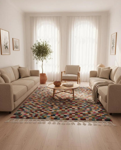 Tapis Marocain Multicolore à Damier – Carrés Colorés – Pièce Artistique (1.1m × 1,5m)