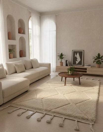 Tapis Minimaliste Géométrique Sculpté Blanc cassé – Style Beni Ourain (1×1,5 m)