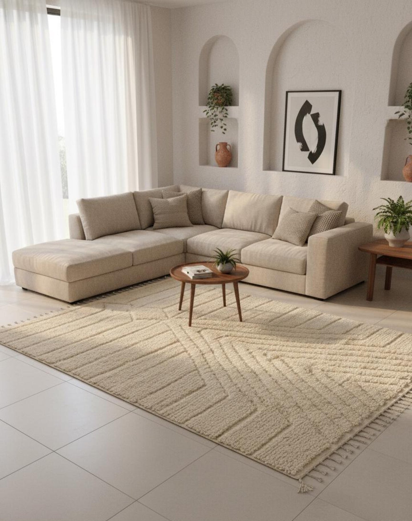 Tapis Minimaliste texture Géométrique Blanc Cassé (1m x 1.5m)