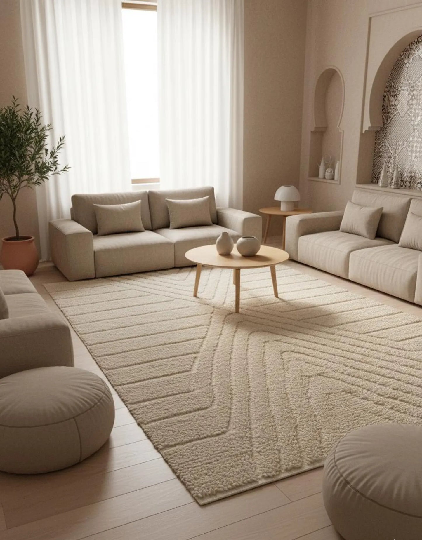 Tapis Minimaliste texture Géométrique Blanc Cassé (1m x 1.5m)