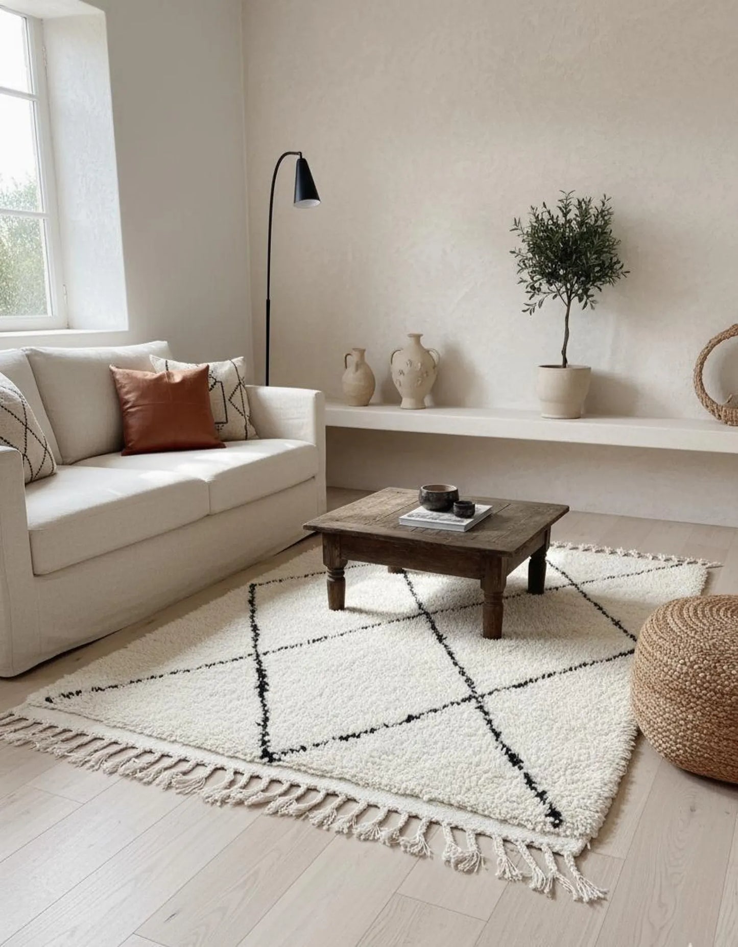 Tapis Berbère Beni Ouarain – Laine Blanche, Fait Main (1.1×1,5 m)