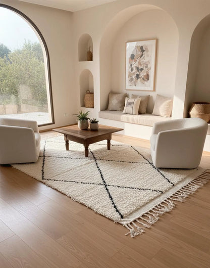 Tapis Berbère Beni Ouarain – Laine Blanche, Fait Main (1.1×1,5 m)