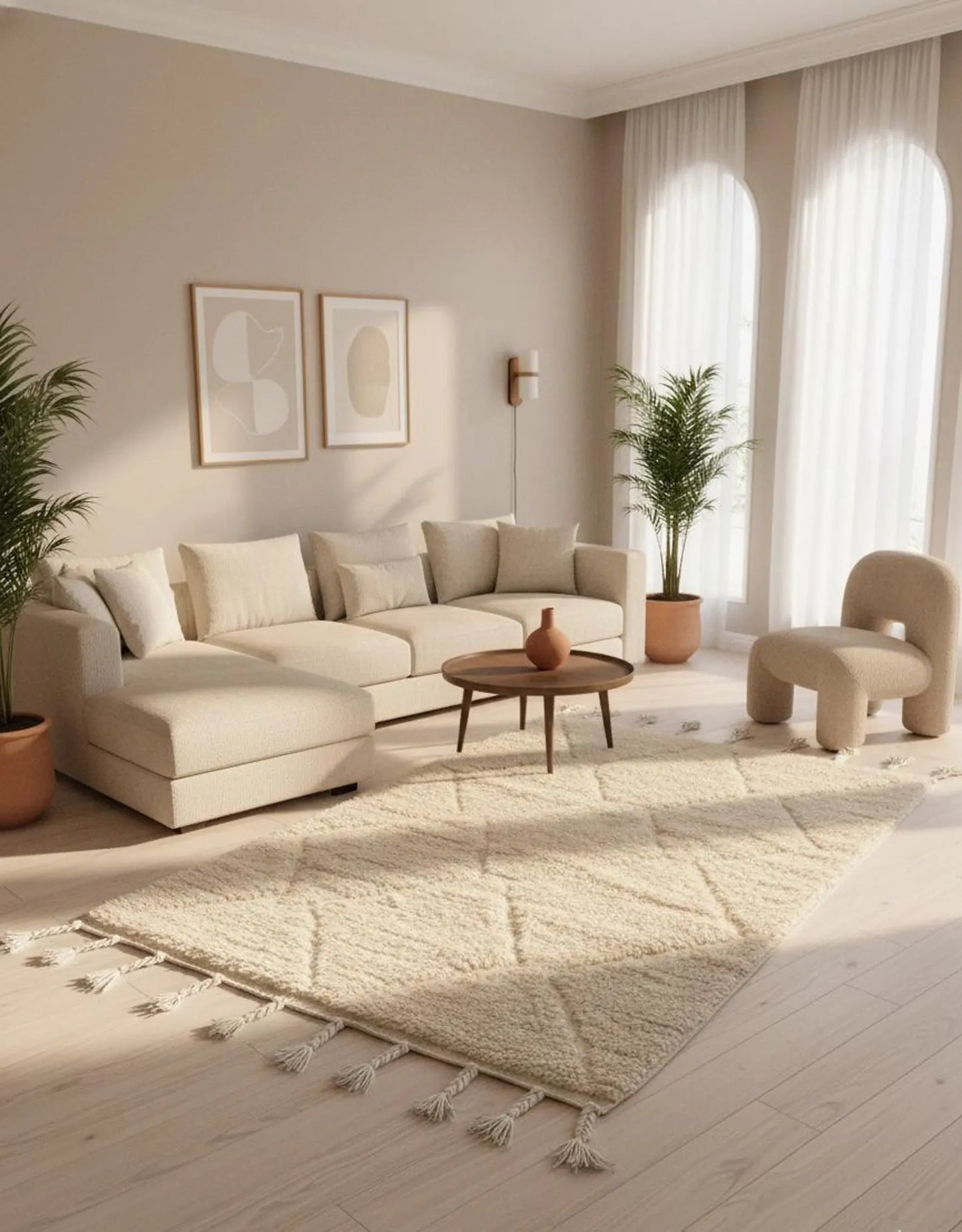 Tapis Minimaliste Géométrique Sculpté Blanc cassé – Style Beni Ourain (1×1,5 m)